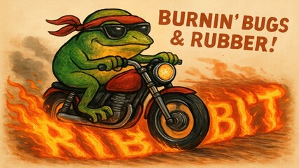 Cool frog riding a motorcycle through flames with Burnin Bugs and Rubber message humorous animal cartoon illustration