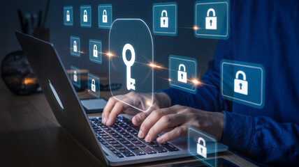 Man using laptop with key and lock icons floating above the keyboard for data security concept