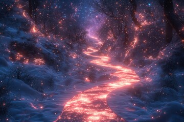 Snowy path with glowing lights.