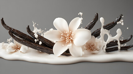 Vanilla flowers and pods in creamy milk splash with scattered spices, realistic illustration symbolizing sweet dessert ingredients, fragrance extract, and natural flavor concept.