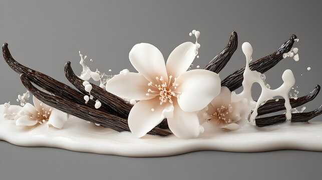 Vanilla flowers and pods in creamy milk splash with scattered spices, realistic illustration symbolizing sweet dessert ingredients, fragrance extract, and natural flavor concept.