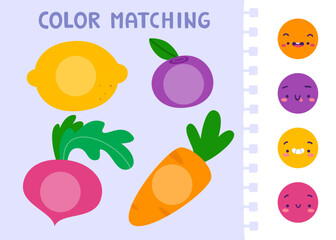 Matching mini game for kids with cute fruits and vegetables. Color matching game.