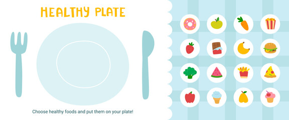 Healthy plate mini game with magnetic food. Cut and glue mini game for kids.