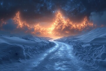 Snowy road under fiery sky.