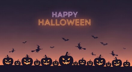 Spooky Halloween night with glowing jack o lanterns witches flying bats and happy halloween message