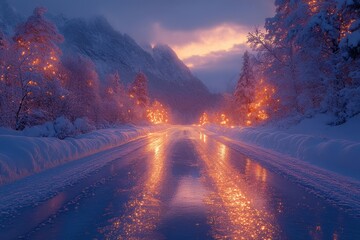 A light shining on a snowy road.