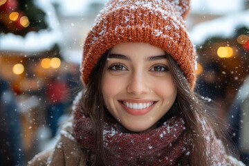 Woman in knitted hat and scarf in snow.