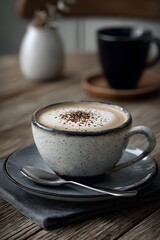 Serene Coffee Break: A Rustic Cup of Cappuccino on a Weathered Wooden Table
