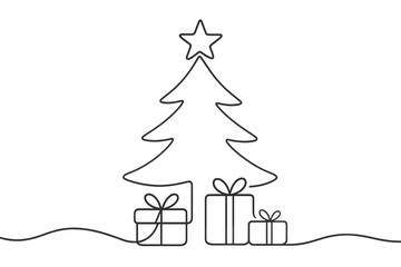 Christmas tree with star and presents drawing in continuous line style, minimalist holiday season graphic, transparent background