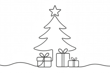 Christmas tree with star and presents drawing in continuous line style, minimalist holiday season graphic, transparent background