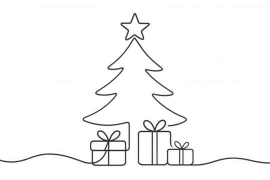 Christmas tree with star and presents drawing in continuous line style, minimalist holiday season graphic, transparent background - Powered by Adobe