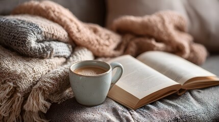  Cozy moment with steaming coffee cup and open book on woolen blankets