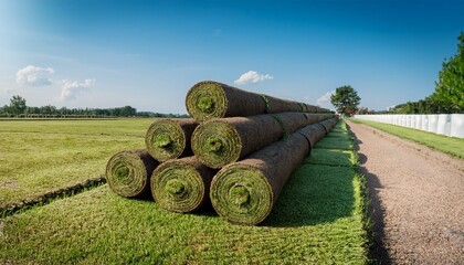 Freshly Cut Grass Turf Rolls Stacked In A Field Ready For Transportation In Summer