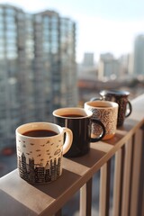 Aromatic urban vista: A quartet of coffees overlooking the city skyline tranquility