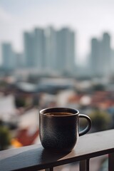 Urban serenity: A dark mug with steaming liquid against a city blurred skyline backdrop