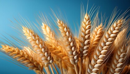 Spikes Of Wheat Close Up On Blue Background