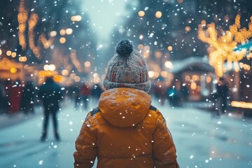 Child in yellow jacket and hat stands on snow-covered street.