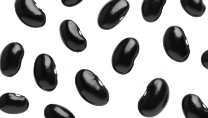 A visually appealing arrangement of glossy black beans scattered against a clean white background. their smooth texture and natural shine. ideal for culinary or health-related content