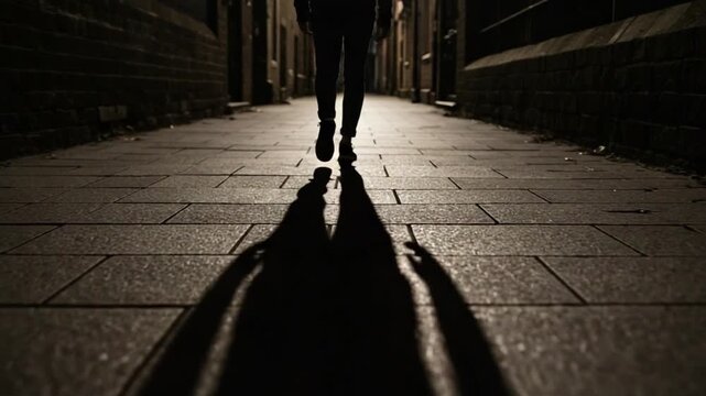Person walking alone at night on a dark street with long shadow.