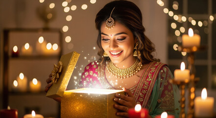 elegant Indian woman in festive jewelry opens a sparkling golden gift box