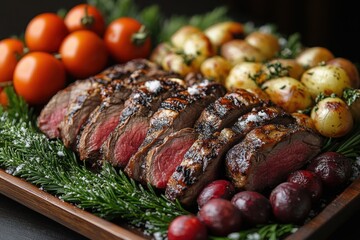 Juicy steak served with roasted potatoes and tomatoes.