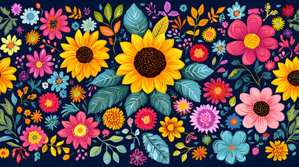 Bright and decorative Hispanic Heritage Month background featuring vivid flowers and ornamental patterns, symbolizing cultural pride and Latin heritage.