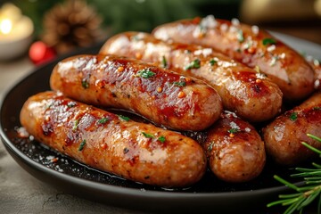 Plate of sausages topped with sauce and herbs.