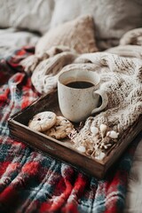 Inviting morning coffee with cookies on a wooden tray in a cozy bedroom setting