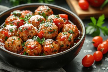 Meatballs in tomato sauce topped with parsley in a bowl.