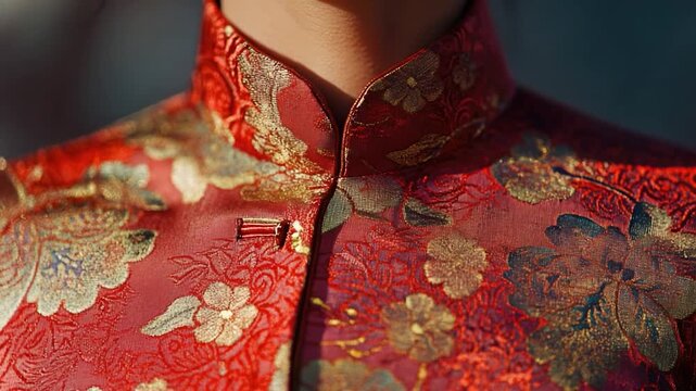 Close-up portrait of a man wearing a bright red and gold colored shirt