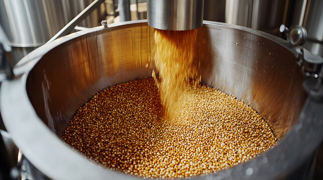 Detailed macro shot of brewing mash in process, grain mixture and hot water blending in mash tun during homebrew beer preparation and fermentation start.