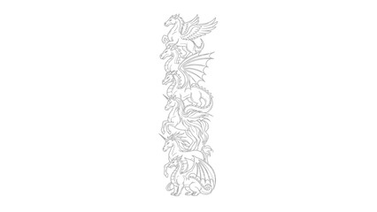 A vertical totem of mythical creatures including dragons, unicorns, and griffins in a detailed black and white line art style.