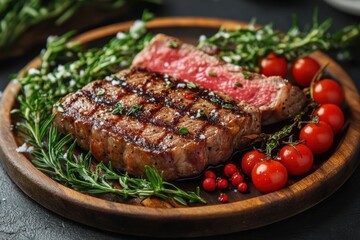 Juicy steak with fresh herbs and tomatoes.