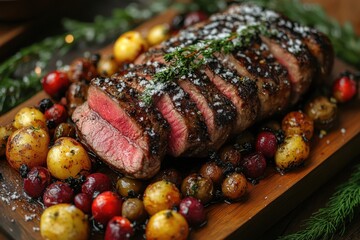 Steak with potatoes and cranberries on wooden cutting board.