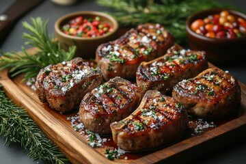 Pork steaks with tomato sauce and herbs.