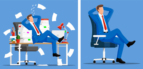 Businessman sleeping on table and relaxing on office chair. Freelancer procrastinating work. Busy desk. Professional burnout.