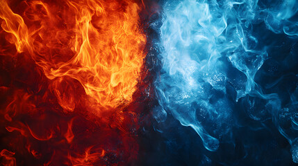 Surreal texture background merging flames and ice, vivid red and blue tones illustrating tension and harmony between heat and cold energy.