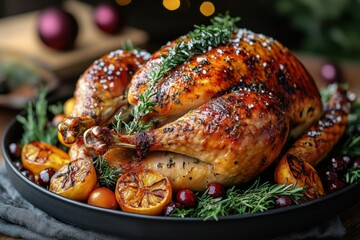 Roasted turkey adorned with apples and rosemary herbs.