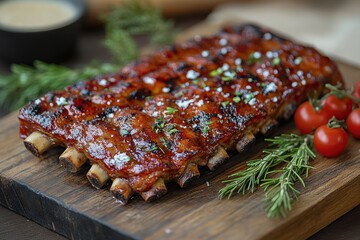 Ribs smothered in BBQ sauce on a wooden cutting board.