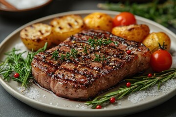 Plate of steak with potatoes and tomatoes.