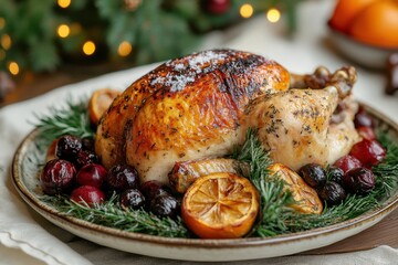 Plate of roasted turkey with cranberries and gravy.