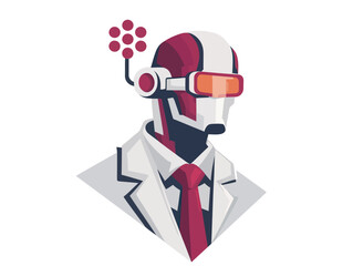 A sleek robot character wearing a suit and tie, complete with a virtual reality headset and unique styling. This design combines modern aesthetics with a futuristic look.