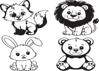 Cute animal characters fox lion rabbit and bear illustration