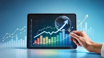 Hand holding magnifying glass over tablet with business graph, chart and diagram on blue background