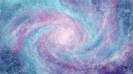 The image shows a swirling galaxy in shades of blue, purple, and pink. The galaxy has a bright, glowing center with spiral arms extending outward