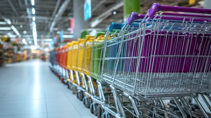 Colorful Shopping Carts in Brightly Lit Supermarket Aisle