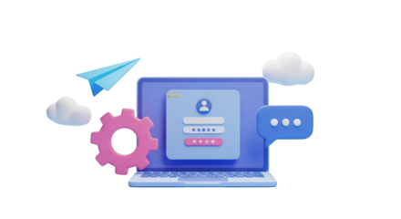 3D laptop with login screen and communication icons isolated on a transparent background password