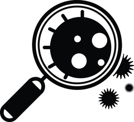 Vector art of magnifying glass examining a virus, symbolizing research and analysis