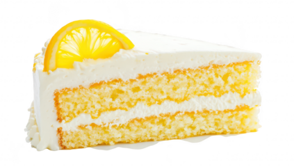 A delicious slice of lemon cake with a bright lemon slice garnish. its fluffy layers of cream and cake. perfect for dessert lovers at a summer gathering or celebration