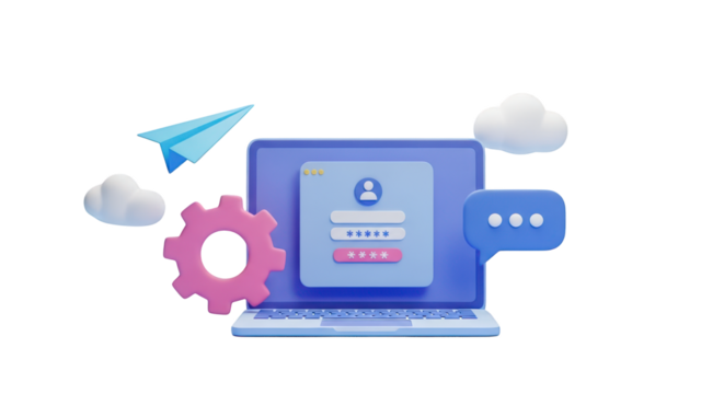 3D laptop with login screen and communication icons isolated on a transparent background password